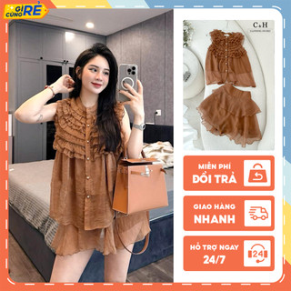 Set đồ nữ chất tơ óng Nâu tây mùa hè Áo sát nách phối chân váy xòe C&H Clothing