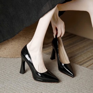 Giày cao gót da bóng mũi nhọn đúp trước cao 10 phân ôm chân, hack dáng