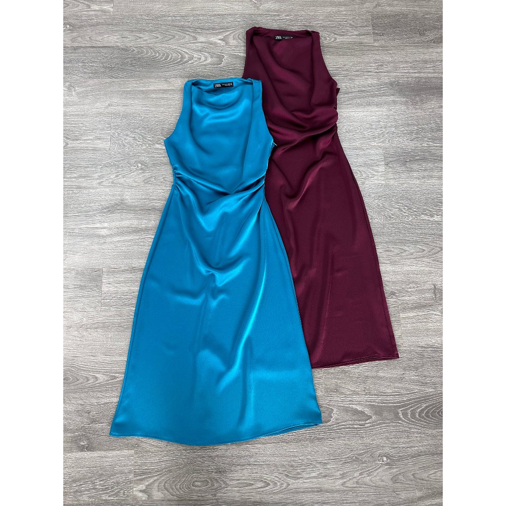 Đầm MiDi Lụa ZR Cổ Đổ Nhún Sườn KAMI