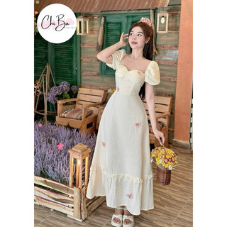 Đầm thiết kế maxi kem ren bi cúp tay phồng đính hoạ tiết thêu hồng - Chị Ba Boutique