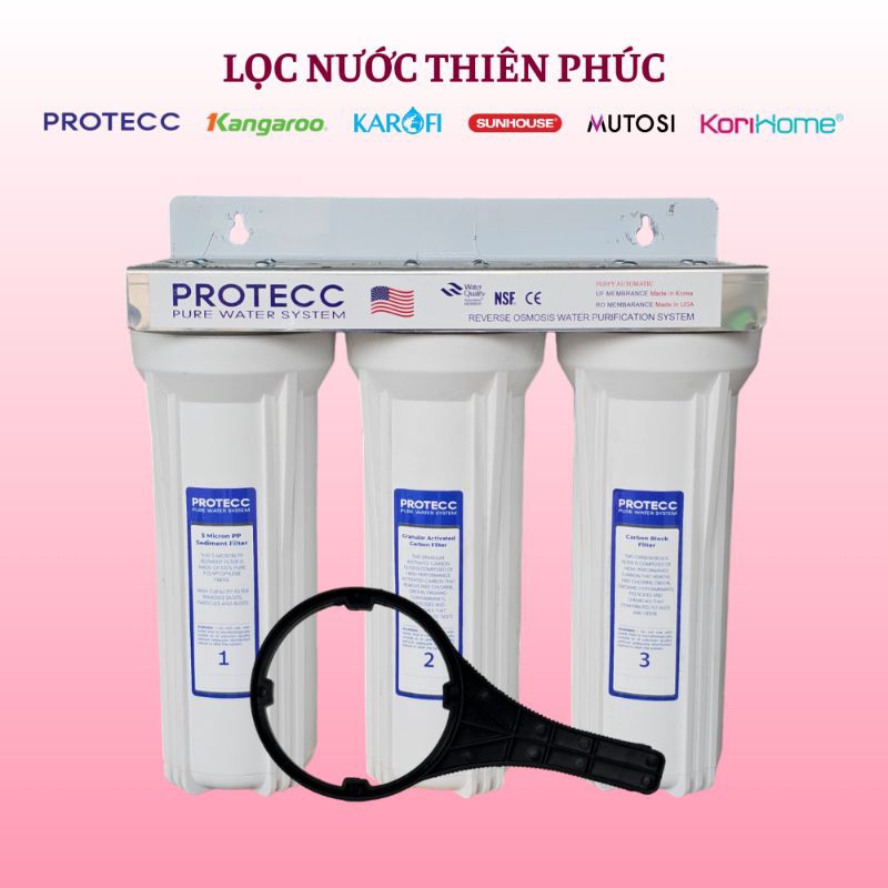 Bộ 3 Lọc Thô 10 Inch 1 Ron ( 3 Ly Trắng ) PROTECC PT107T - Lọc Nước Nấu Ăn, Tiền Lọc, Sinh Hoạt