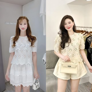 @redcatstore - Áo Sơ Mi Thô Boil Cổ Tròn Họa Tiết Hoa Thêu Chạm Rỗng Đính Nơ Hàng QCCC Trẻ Trung Thanh Lịch