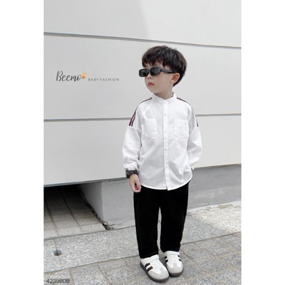 Set bộ sơ mi cổ tàu Beemo phối sọc vai chất liểu thô hàn cho bé trai mặc đi học, đi chơi từ 9-24kg 4239BDB