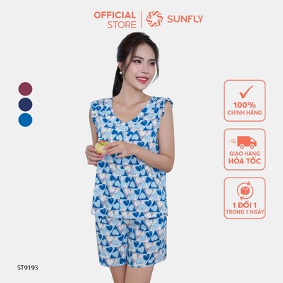Bộ pijamas nữ SUNFLY chất lanh ht độc quyền dáng áo sát nách quần sooc ST9193