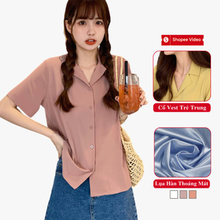 Áo sơ mi lụa trơn cổ vest nữ ngắn tay madela mềm mịn mát, sơ mi nữ ngắn tay cổ vest vải lụa satin hàn mềm mịn