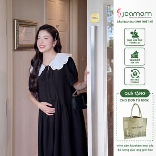 Váy Đầm Bầu Babydoll Đen Công Sở Phối Cổ Ren Trắng Thiết Kế Joamom JVB0037