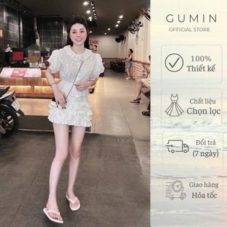 Set bộ áo váy GUMIN thiết kế áo ren thô trắng phối cổ xòe kèm chân váy bèo tầng sang chảnh cao cấp