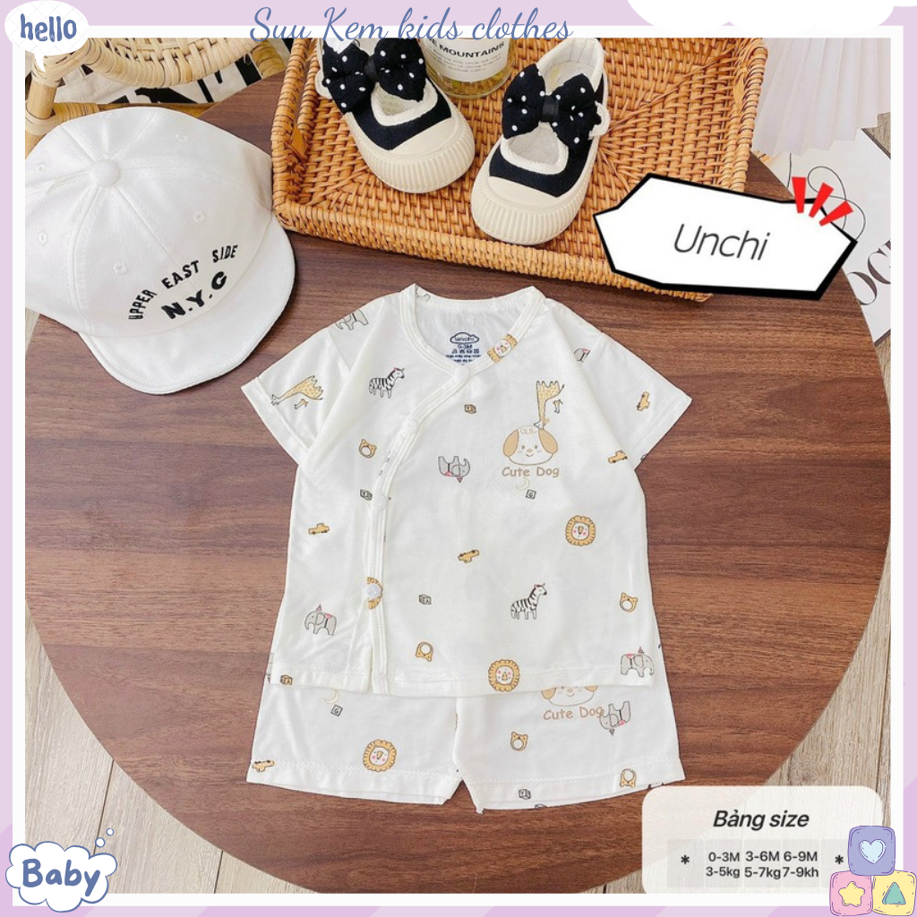 Bộ đồ cộc tay sơ sinh, quần áo sơ sinh bé trai bé gái cúc lệch 0-9 tháng Unchi chất thun lạnh peptit