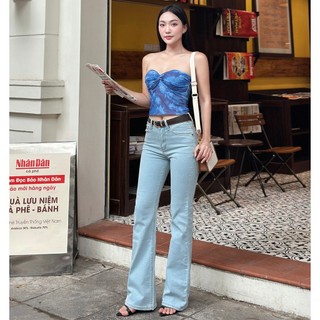 Quần jean nữ ống loe màu light blue lưng cao aaa jeans