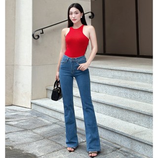 Quần jean nữ ống loe lưng cao màu medium blue aaa jeans