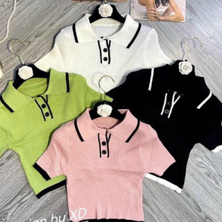 Áo polo croptop kiểu len gân nữ tay ngắn dáng ôm body cổ bẻ thun len tăm, Áo len montoghi mỏng dáng croptop cổ bẻ