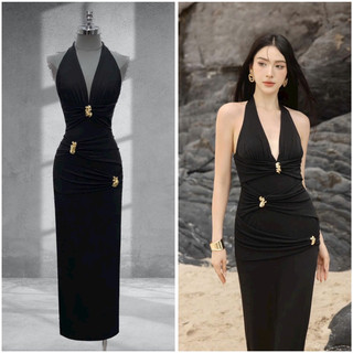 Đầm maxi thun lụa yếm nhún phối tag hoa mai sang trọng che khuyết điểm tốt