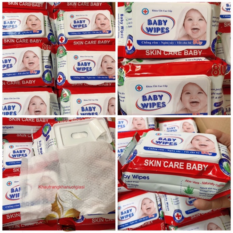 [Combo 10 gói] Khăn ướt Baby wipes 80gr không mùi vải bi dày, không xù lông