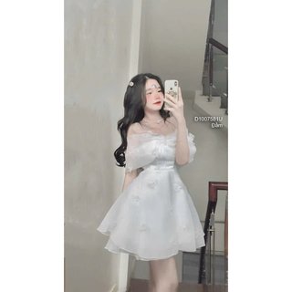 Đầm xòe trắng 2 lớp đính hoa nổi trễ vai ngực kiểu phối nơ lớn cực xinh hàng chuẩn!BEXU90 SHOP