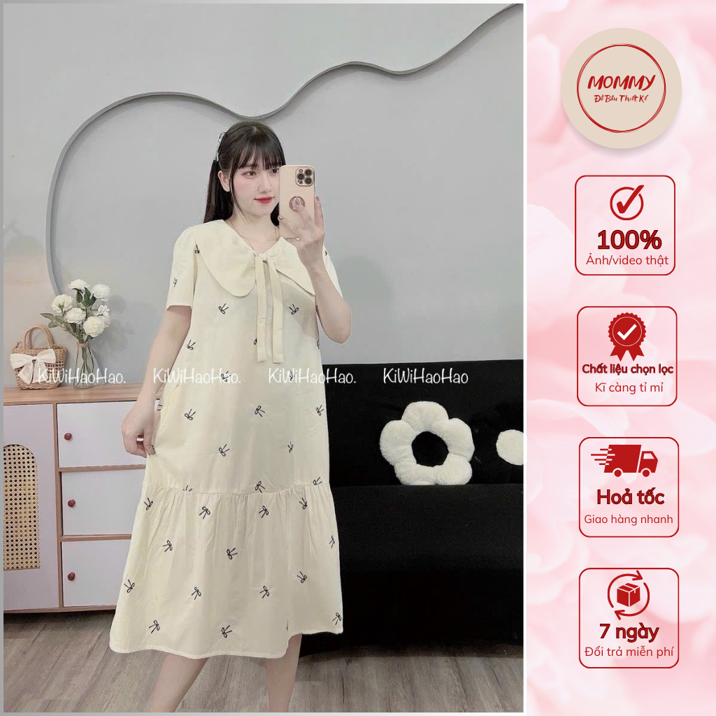 váy bầu mùa hè MOMMY ,đầm bầu xinh dáng đuôi cá cổ nơ , họa tiết nơ thêu xinh xắn,chất liệu thô mềm cao cấp