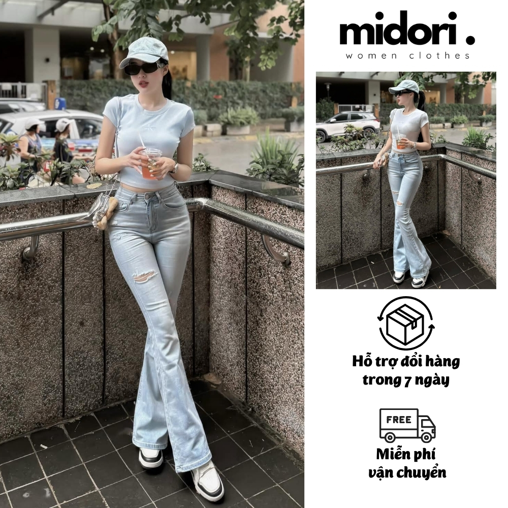 Quần jean ống loe rách gối cá tính S038, Quần bò jean loe nữ co giãn rách gối phong cách Hàn Quốc