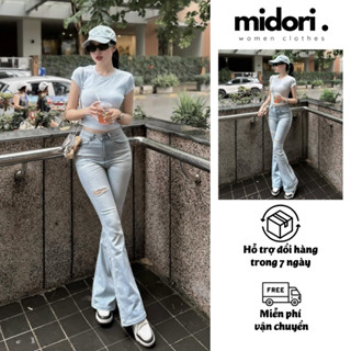 Quần jean ống loe rách gối cá tính S038, Quần bò jean loe nữ co giãn rách gối phong cách Hàn Quốc