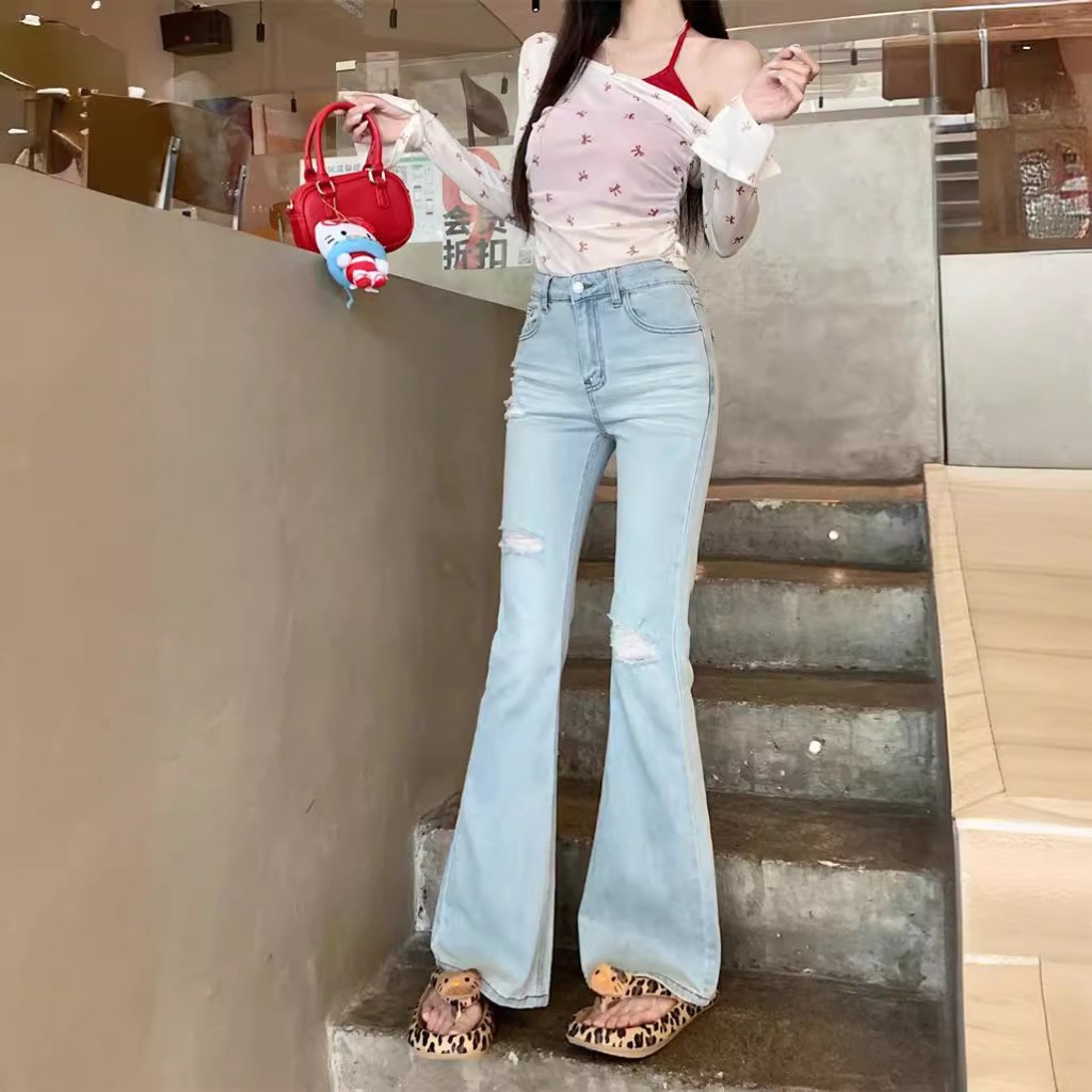 Quần Jean Nữ Ống Loe Rách Cạp Cao Co Dãn Midori Shop Quần Bò Nữ Lưng Cao Hách Dáng S038 | BigBuy360 - bigbuy360.vn
