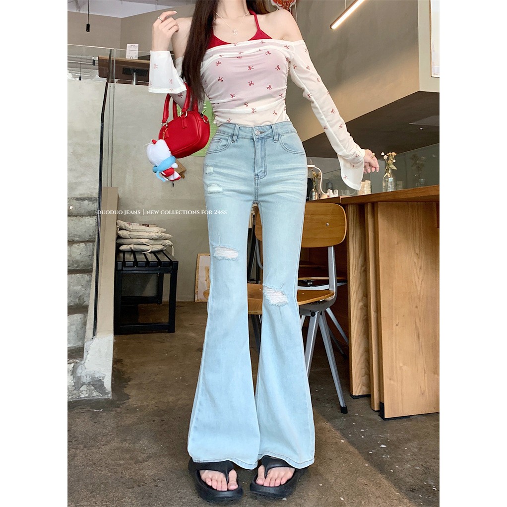 Quần Jean Nữ Ống Loe Rách Cạp Cao Co Dãn Midori Shop Quần Bò Nữ Lưng Cao Hách Dáng S038 | BigBuy360 - bigbuy360.vn