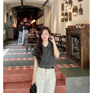  Áo cổ sen nữ tay ngắn nút bọc vải cài nơ fany shirt/ bymiia.studio