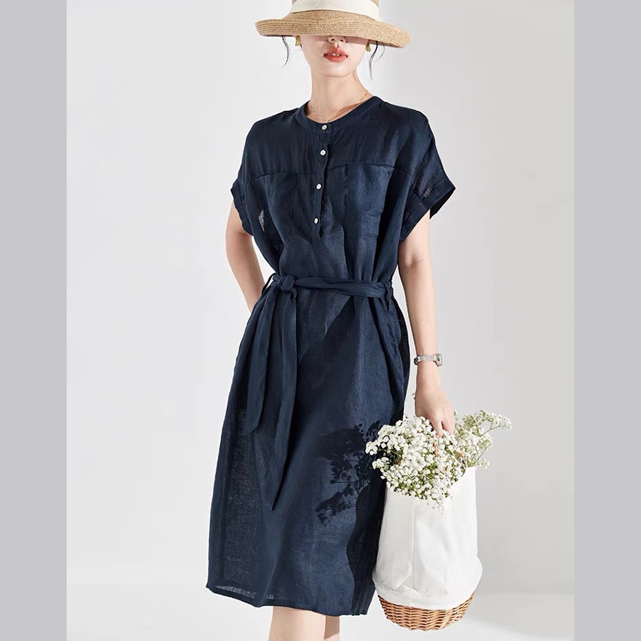 Đầm suông cổ trụ tay hến hai túi ốp kèm đai rời SLINEN, chất vải Linen bột Premium, form đầm suông k