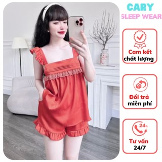 Set đồ ngủ phối ren áo hai dây tay cánh tiên sexy chất lụa satin cao cấp bộ ngủ viền bèo CARY
