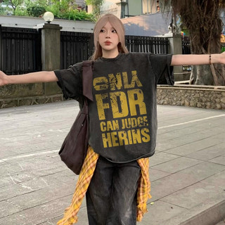 Nâu xám Áo phông nữ form rộng vintage girl phố Chữ cái in hình cổ tròn áo thun oversize 100%cotton local brand