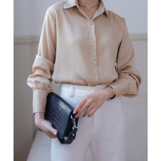 SẴN SHIP🔥 BLAZER🔥Áo sơ mi lụa cổ sen Hàn Quốc thanh lịch màu nude S