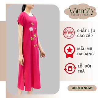 Váy lanh siêu mát mịn họa tiết thêu hoa 3D cổ tròn cộc tay, phong cách trẻ trung, sang trọng.