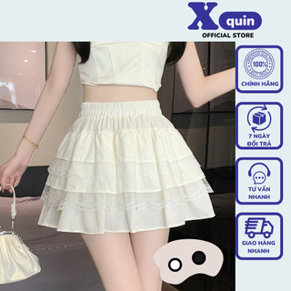 Chân váy bèo tầng dáng xoè phối ren cạp cao lưng chun Xquin, Chân váy trắng ngắn có lót quần dáng xoè bồng bềnh