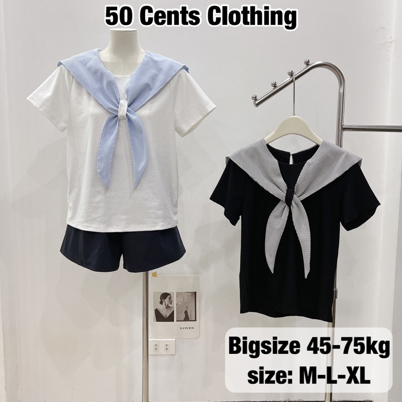 Áo Thun Kiểu Nữ Phối Cổ Nơ Kẻ Thuỷ Thủ Hàng Loại 1 Có Bigsize 45-75kg Phong Cách Ullzzang (50 Cents Clothing) #243