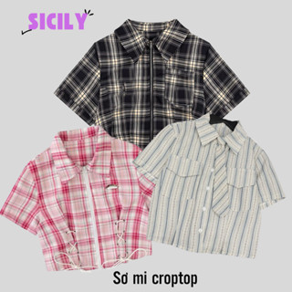 Áo sơ mi croptop nữ tay ngắn Sicily sơ mi kẻ caro khóa kéo