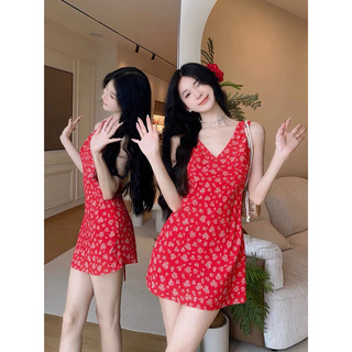 Sẵn đỏ s- đầm hoa mini cổ tim #1182