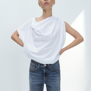 Zara full tag made Morocco Áo cotton cổ đổ xếp ly sang trọng đơn giản- Luumooc