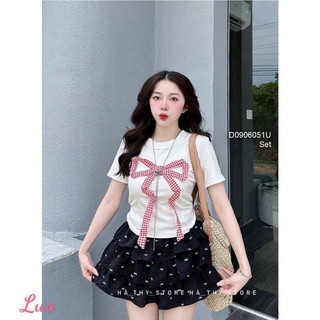 SET VẬY NỮ ,  SET CHÂN VÁY CHẤM BI THIẾT KẾ ÁO THUN GÂN TĂM GẮN NƠ _SET CHĂN VÁY NỮ NƠ MẪU HOT _XƯỞNG MAY THU LÊ