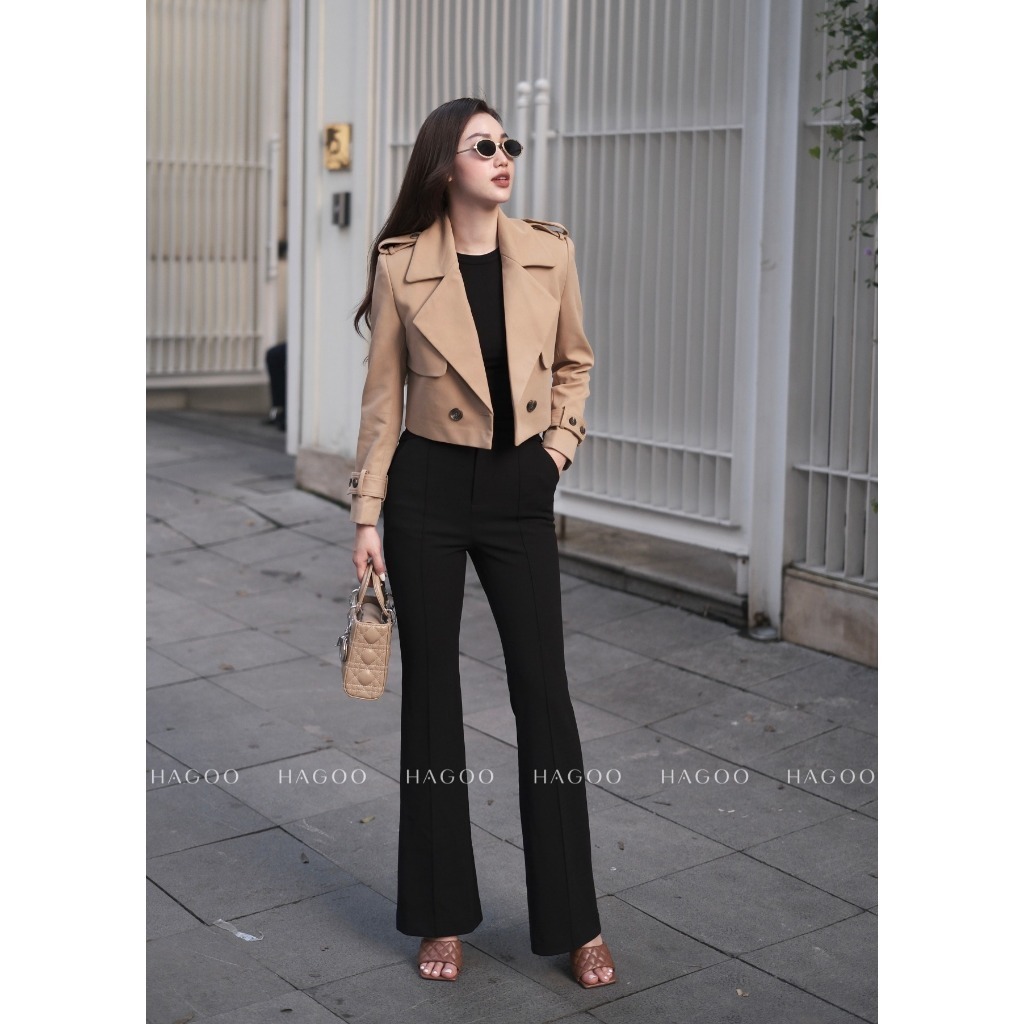  Áo khoác Kaki lửng nữ HAGOO màu Nâu phối cúc phong cách hiện đại dáng crop  B959  