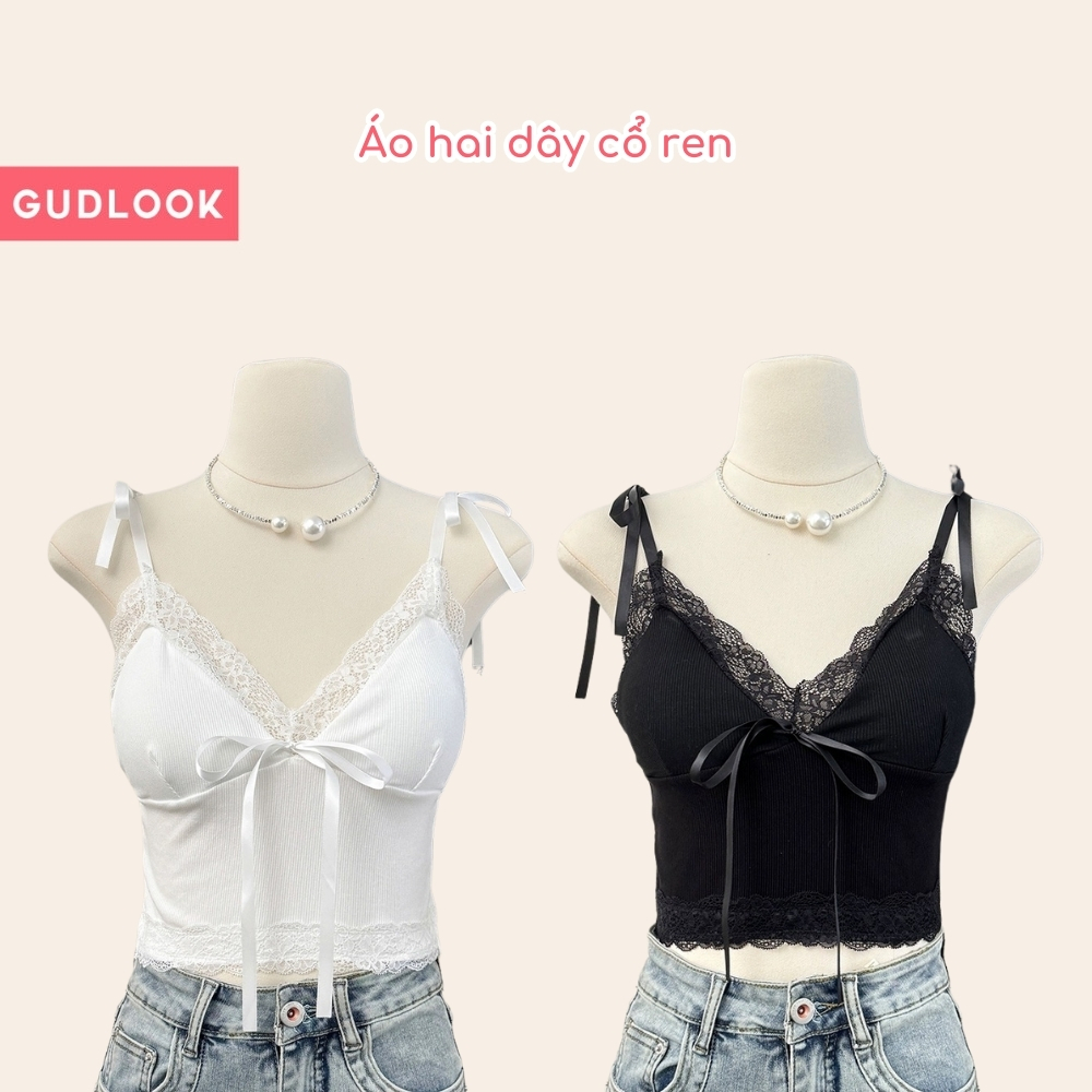 Áo 2 dây viền ren buộc dây nơ có mút ngực GUDLOOK hai màu đen trắng, dáng croptop
