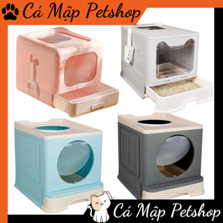 Nhà vệ sinh hai cửa có nắp cao cấp hình chữ nhật cho mèo, Nhà vệ sinh kín chống văng cát, hạn chế mùi kèm xẻng