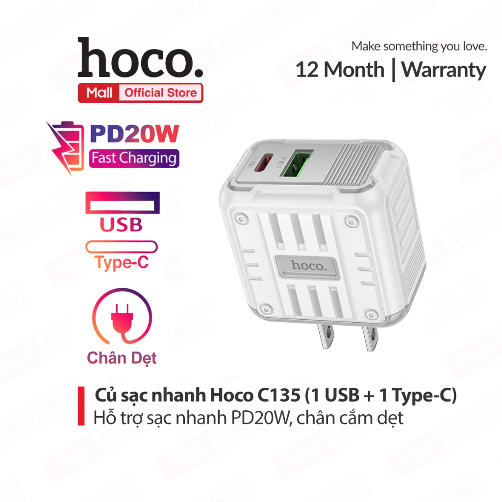 Củ sạc nhanh PD20W 1 cổng Type-C và 1 cổng USB Hoco C135 tương thích nhiều thiết bị, chân dẹt