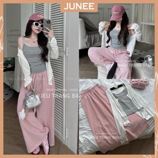 Set Bộ Đồ Nữ 3 Món Áo 2 Dây Viền Ren Nơ Đính Đá Phối Cardigan Dài Tay Cúc Cài Mix Quần Dài Caro Hồng Suông Rộng Freesize