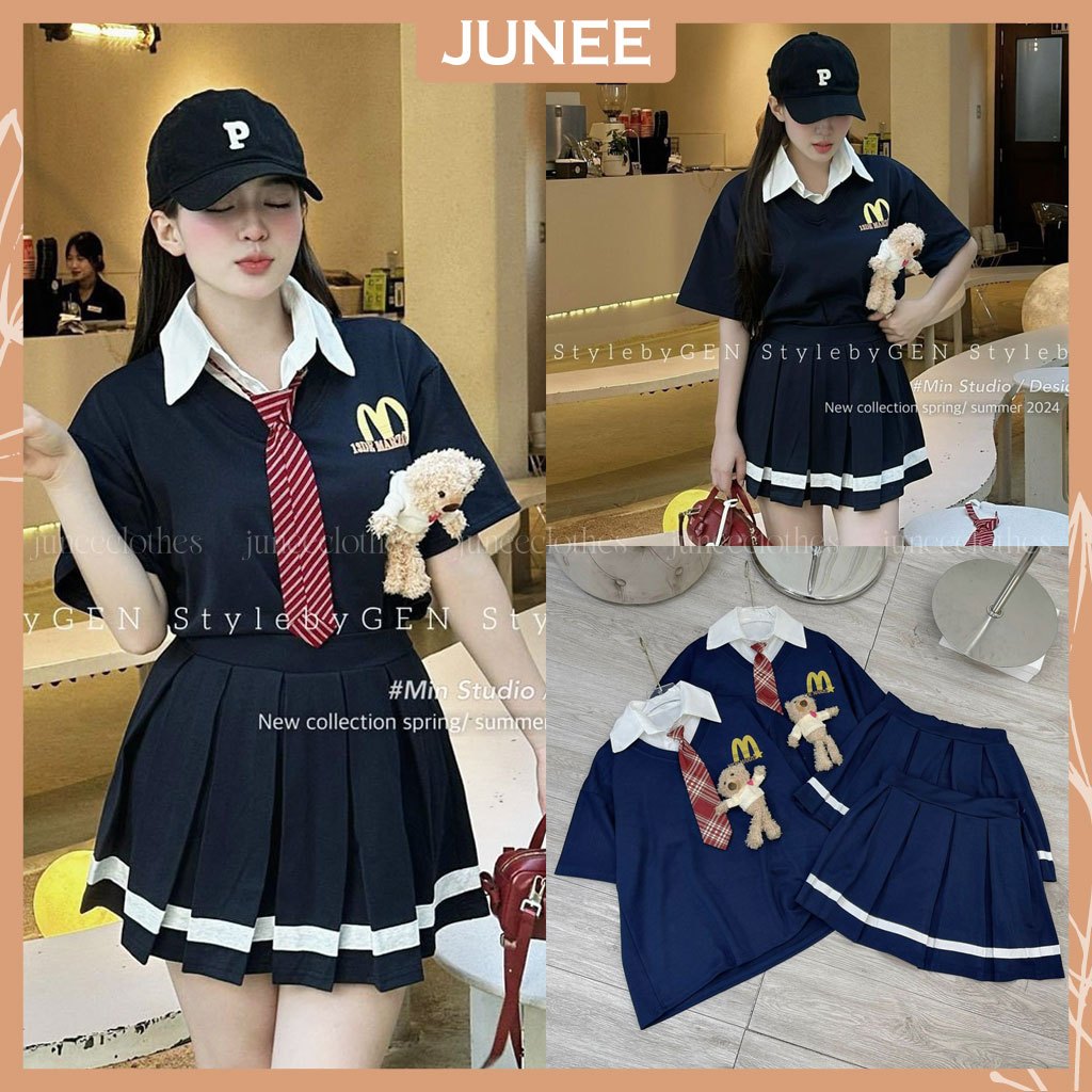 Set Bộ Đồ Nữ Áo Phông 13DE MARZO Cổ Sơ Mi 2 Lớp Phối Cavat Rời Kèm Gấu Đính Mix Chân Váy Xếp Ly Viền