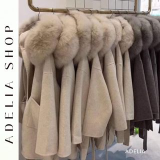 「adelia」áo khoác dạ cashmere lông cừu phối mũ lông cao mềm mịn adelia.shop hàng đẹp loại 1 td343