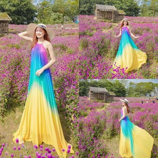 [Maxi V3] Đầm maxi đi biển dập ly loang màu tím xanh dương vàng cổ yếm dây rời 135cm - Nhà Lỳ Có Maxi