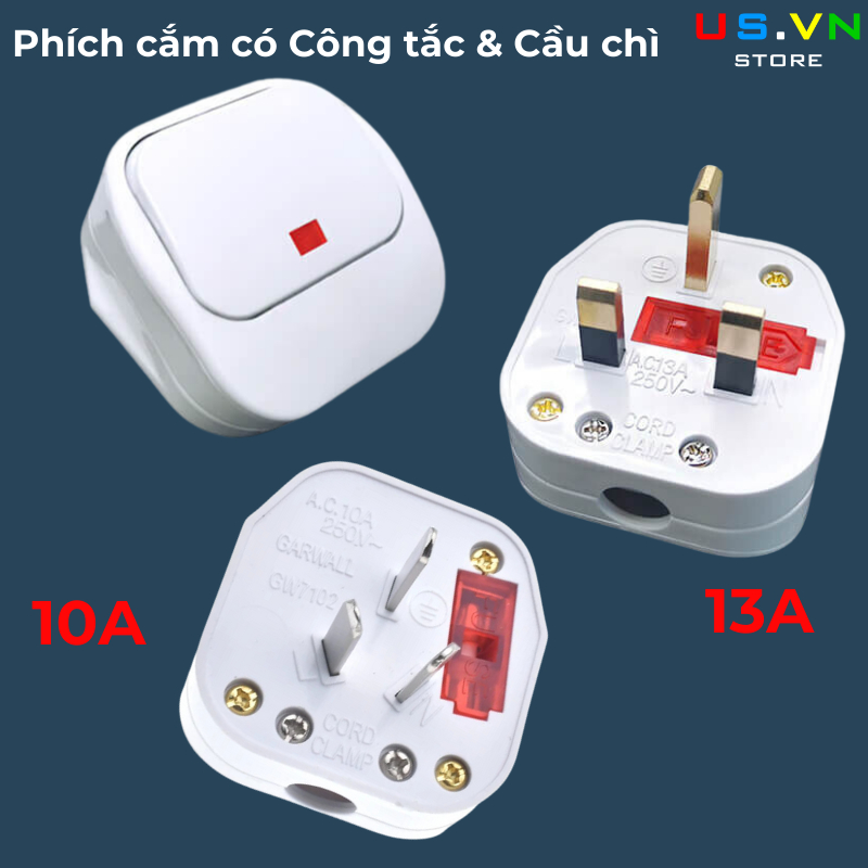 Phích cắm có công tắc cầu chì (Fuse) 10A -13A chuẩn UK và Úc 110V - 220V - 250VAC