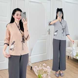 Quần Áo lam đi chùa đũi xước vạt chéo thêu sen phối màu