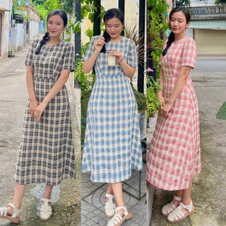 Đầm caro thắt eo dáng middi vitage dễ thương - Lâm
