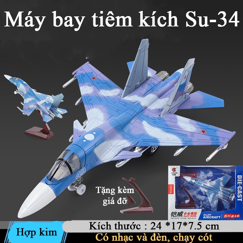 Mô hình máy bay tiêm kích ném bom Su-34 bằng hợp kim có nhạc và đèn chạy cót kèm chân đế