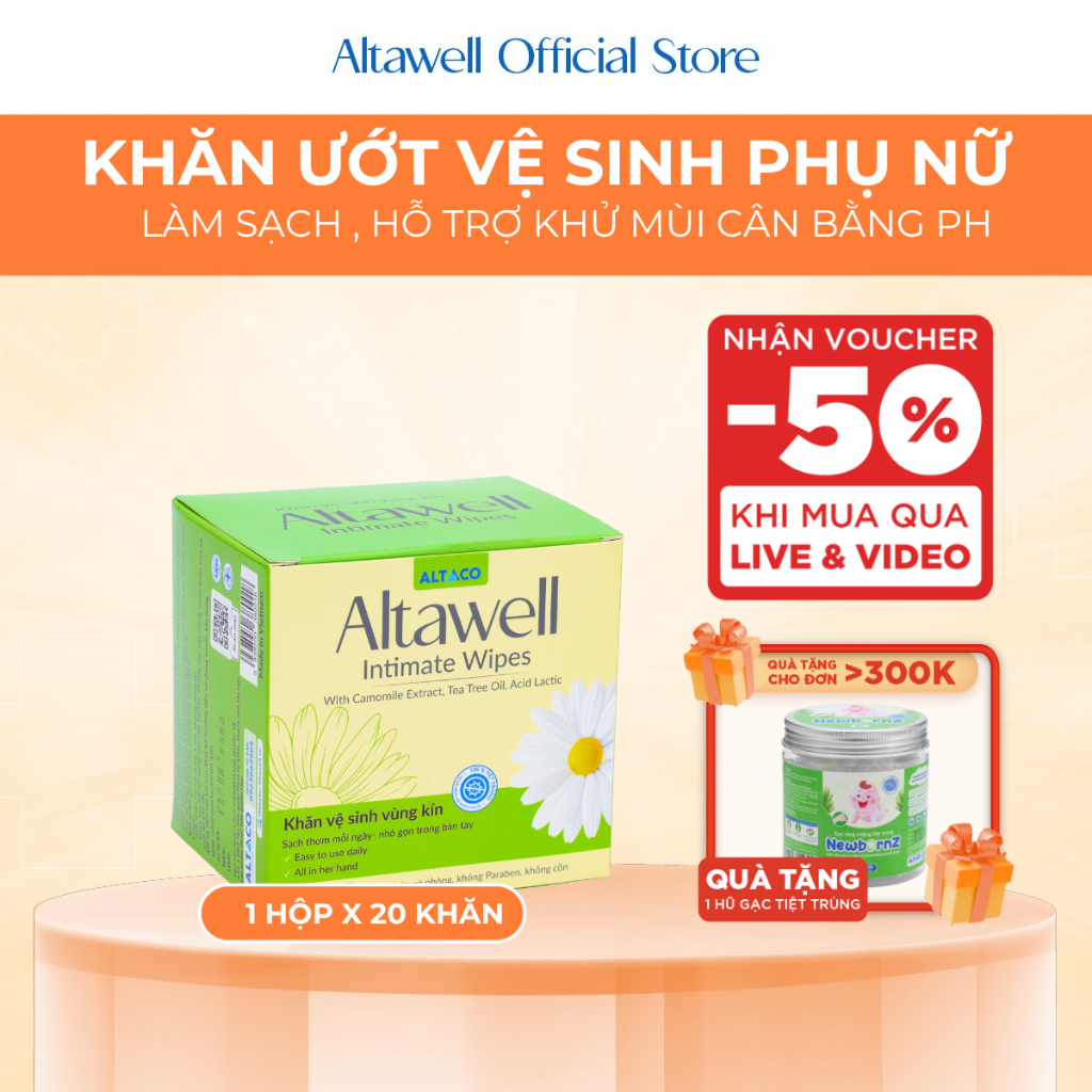 Khăn Vệ Sinh Vùng Kín Altawell Initimate Wipes Lau Sạch Côbé, Giảm Viêm Nấm, Khô Rát, Cân Bằng pH