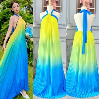   Maxi V2  Đầm maxi đi biển dập ly loang màu xanh dương dạ vàng cổ xoắn dây rời 135cm - Nhà Lỳ Có Maxi 