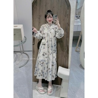 Đầm Suông Tay Bồng Thiết Kế Vải Lạu In Họa Tiết